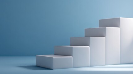 Obraz premium Abstract white geometric steps ascending against a solid blue background symbolizing growth, progress, development, and success in various industries and fields