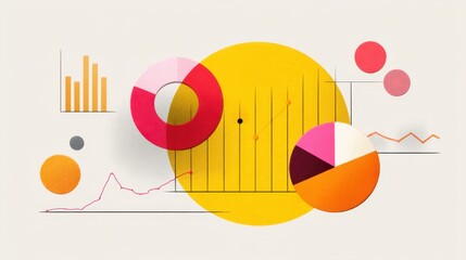 Abstract colorful data visualization with graphs, charts, and shapes representing analytics and statistics in a modern design aesthetic