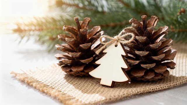Pine cones rest on burlap with a small wooden tree ornament tied with twine, set against a soft blurred evergreen background and warm natural light, with empty space available for text and seasonal gr