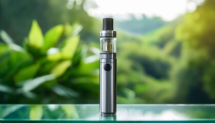 sleek silver e cigarette or vape mod standing on a glass counter against a bright green nature background