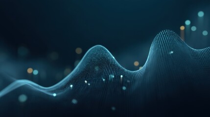 Abstract waveforms representing sound waves and digital data visualizations, illuminated by glowing particles, perfect for technology and music concepts