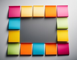 colorful sticky notes arranged as a frame around a neutral gray center with copy space