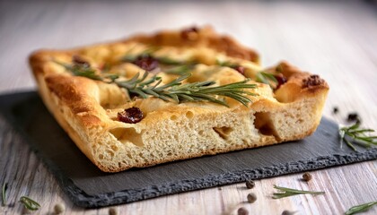 golden focaccia delight a square slice of freshly baked focaccia a culinary masterpiece with its golden brown crust perfect texture and the subtle embrace of herb invites a tantalizing taste