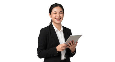 Happy young businesswoman smiling and holding a tablet, isolated on transparent background, png	