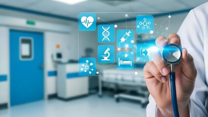 Medical Professional Examining Patient in Modern Hospital Room with Digital Health Icons