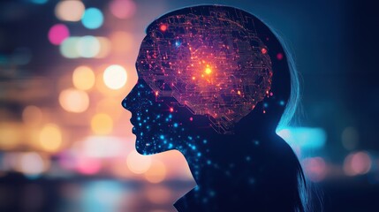 Silhouette of a person with glowing neural network brain on dark background