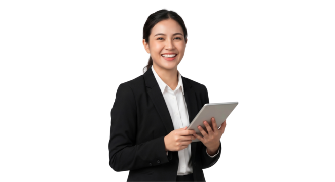 Happy young businesswoman smiling and holding a tablet, isolated on transparent background, png	 - Powered by Adobe