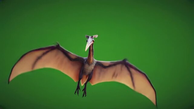 Pterosaur flying through green landscape with wings spread wide