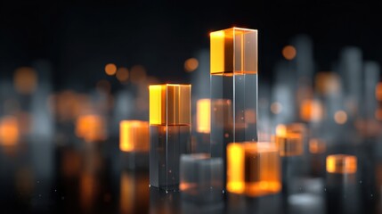 Modern abstract visualization of glowing orange and transparent bars representing digital data flow, innovation, technology, and financial growth in a dark background