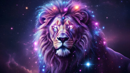 Regal lion surrounded by cosmic purple starry light, majestic and surreal. Suitable for mystical or powerfulthemed designs and concepts.