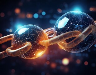 abstract polygonal chain connecting two spheres on dark background