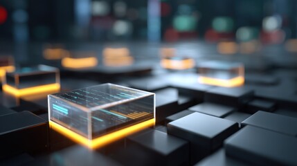 Futuristic digital cubes with glowing edges on a sleek dark background representing advanced technology and data processing in a stylized setting