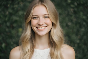 Fototapeta premium Portrait of beautiful blonde woman with a beaming smile in front of greenery