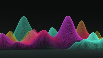 Abstract 3D visualization of colorful waveforms in a dynamic representation of sound and frequency patterns in vibrant hues against a dark background
