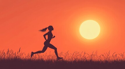 Silhouette of a woman running against a sunset sky concept for health