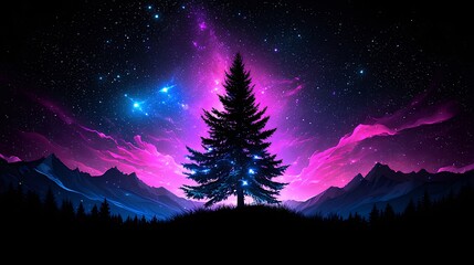 Naklejka premium Tall Pine Tree Silhouette Against Vibrant Starry Night and Nebula Pixel Art