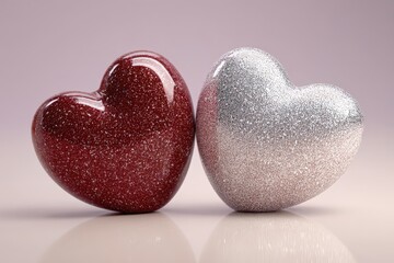 Fototapeta premium Two glittering heart shapes in deep red and silver stand close together against a soft background