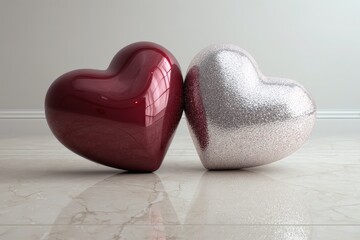 Two dimensional heart shapes, one glossy burgundy and one sparkling silver, lean against each other on a reflective floor