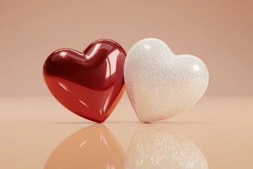Fototapeta premium Two highly polished heart shapes lean against each other on a reflective surface