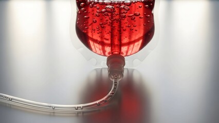 Blood transfusion bag with red liquid and bubbles dripping into collection container in medical setting