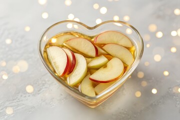Heart-shaped glass bowl filled with fresh apple slices on a soft bokeh background symbolizing love, freshness and warmth. Elegant food image perfect for healthy eating concepts, Valentine&rsquo;s Day, roman