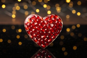 Heart-shaped pomegranate seeds on a dark bokeh background symbolizing love, passion and vitality. Elegant romantic food image perfect for Valentine&rsquo;s Day, relationships, wellness branding and luxury d