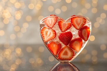 Heart-shaped glass filled with fresh strawberry slices on a soft bokeh background symbolizing love, sweetness and romance. Elegant food image perfect for Valentine&rsquo;s Day, relationships, desserts and l