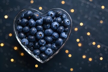 Heart-shaped glass filled with fresh blueberries on a dark bokeh background symbolizing love, health and elegance. Minimal food image perfect for Valentine&rsquo;s Day, wellness concepts and luxury design p