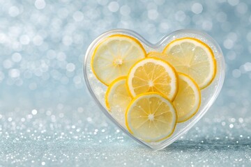 Heart-shaped glass filled with fresh lemon slices on a cool sparkling bokeh background symbolizing freshness, purity and vitality. Clean food image perfect for wellness, detox and modern design concep