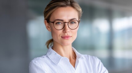 Confident businesswoman with glasses standing in a modern office setting, showcasing professionalism and determination in her expression, with a blurred background