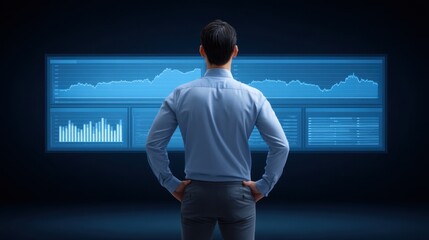 Business Professional Analyzing Data Trends on Digital Display in Dark Office Environment with Graphs and Charts Representing Information Flow and Insights