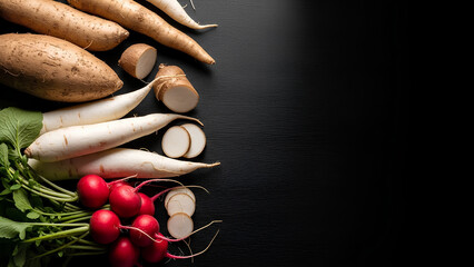 Assorted raw roots and tubers (yam, cassava, radish) laid out on one side of a textured dark surface, vast empty area on the opposite side as negative space, dramatic but clean lighting.