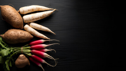 Assorted raw roots and tubers (yam, cassava, radish) laid out on one side of a textured dark surface, vast empty area on the opposite side as negative space, dramatic but clean lighting.