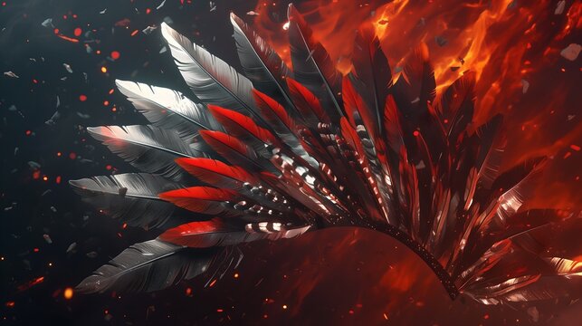 Indigenous leader feather headdress, fire and ash style