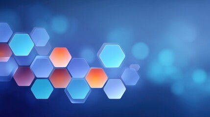 Abstract hexagonal shapes with gradient colors and soft bokeh effect on blue background for modern design and technology graphics
