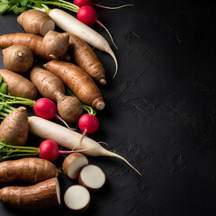 Assorted raw roots and tubers (yam, cassava, radish) laid out on one side of a textured dark surface, vast empty area on the opposite side as negative space, dramatic but clean lighting.