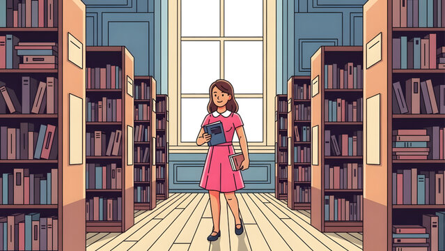 Young woman in pink dress holding books walking through library aisle flat vector illustration