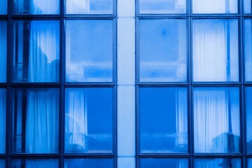 Geometric display of tinted windows with curtains in the background pattern