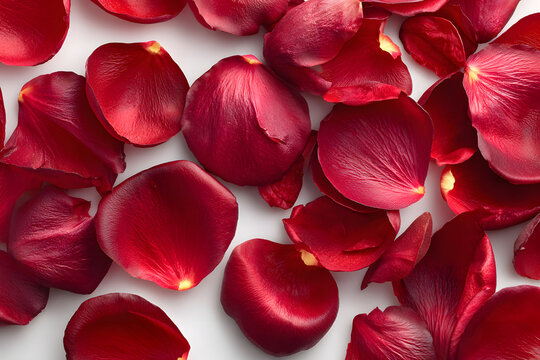 Red rose petals on white background, top view - Powered by Adobe