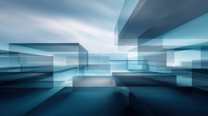 Abstract composition with transparent geometric shapes floating in a dreamy blue atmosphere for modern visual backgrounds and digital art projects