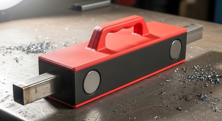 Magnetic welding square positioned amid metal shavings on industrial workspace