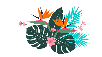 Obraz premium Vibrant tropical foliage illustration with monstera and palm leaves, bird of paradise flowers, and pink blossoms.