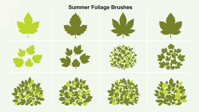 Summer Foliage Brushes: A versatile collection of green leaf vector shapes for botanical illustrations, patterns, and background design