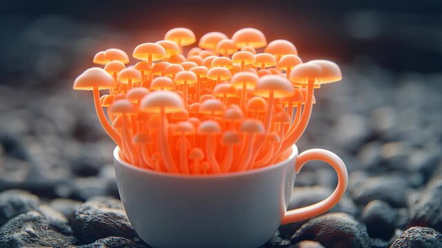 Enoki mushrooms glow with warm orange light inside a white ceramic cup set on dark pebbles, surrounded by a softly blurred background with empty space available for text or design elements for editori