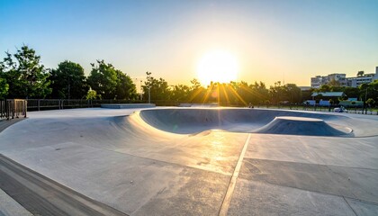 Empty outdoor skate park with concrete ramps and bowls under a bright sunset sky.