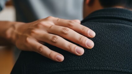 A comforting hand on a person's shoulder in a moment of solace