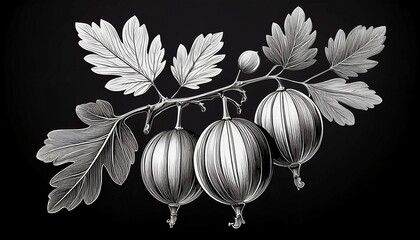 stylized black and white gooseberry branch with leaves