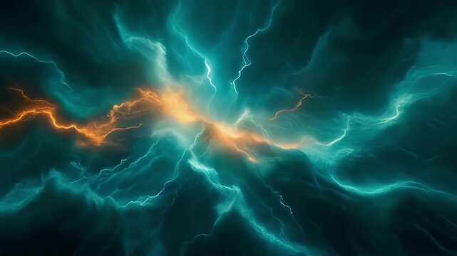 Electric blue and orange lightning storm in dark sky