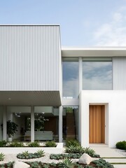 Modernist architectural facade with minimalist garden and wooden door