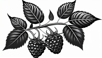 black and white silhouette of a raspberry branch with leaves and berries